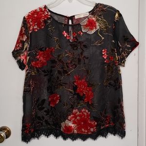 Rewind Sheer Keyhole Back Mesh Top with Velour/Velvet Floral Design & Lace Trim